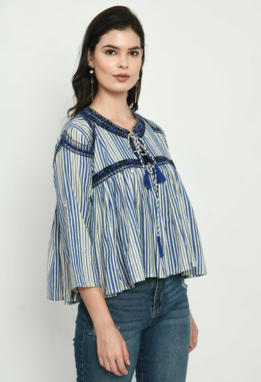 Embroidered Top With Tassel Neck Tie - RueCollections